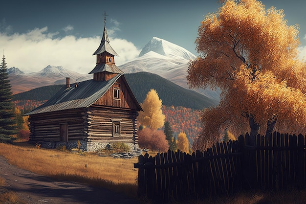 A house in the mountains with a church in the background