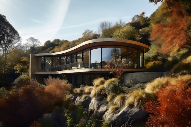 A house in the mountains with a large roof and a large window with a curved roof.