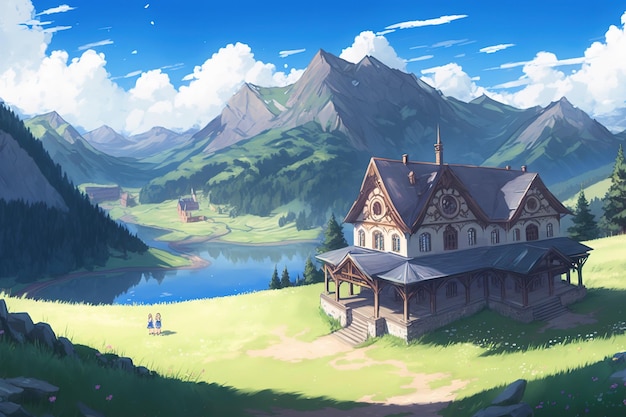 Дом в горах на фоне горы