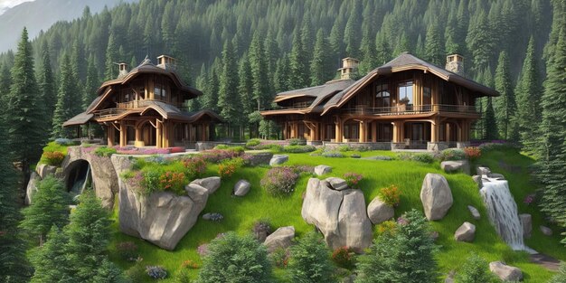 A house in the mountains with a mountain in the background