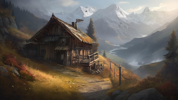 A house in the mountains with a mountain in the background