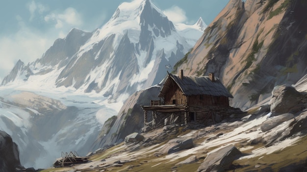 A house in the mountains with a mountain in the background