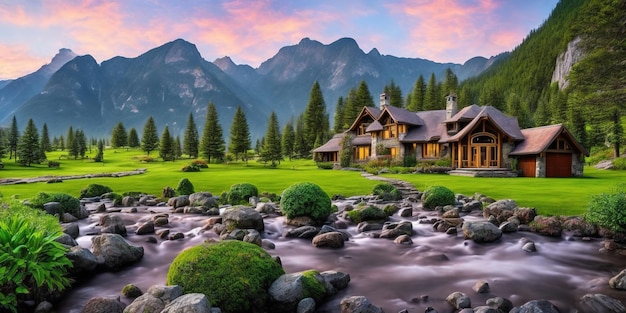 A house in the mountains with a river in front of it