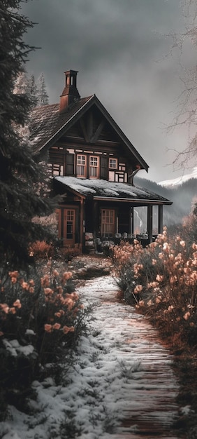 A house in the mountains with snow on the ground