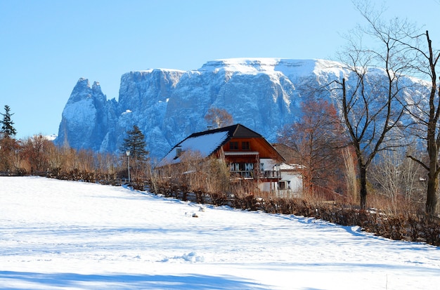 house in the mountains with snow