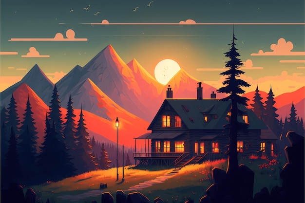 A house in the mountains with the sun setting behind it