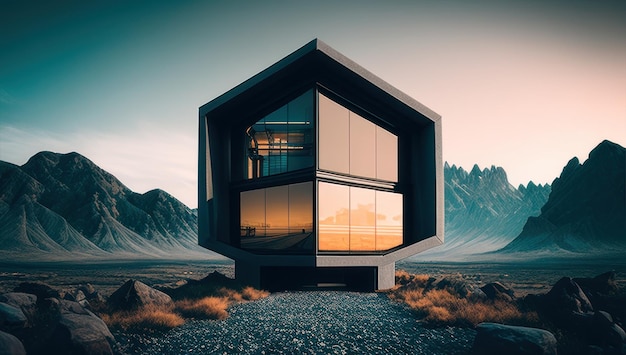 A house in the mountains with a sunset in the background