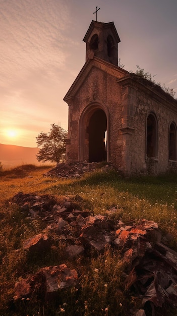 A house in the mountains with a sunset in the background