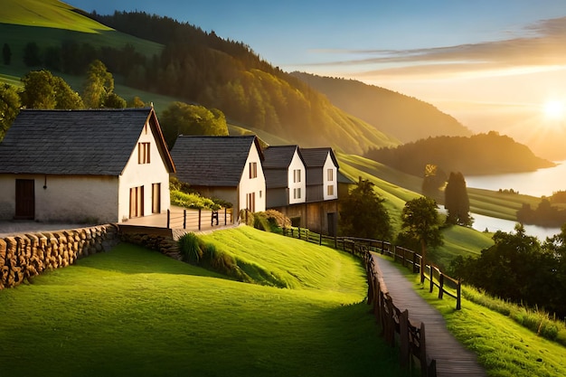 Photo a house in the mountains with a sunset in the background