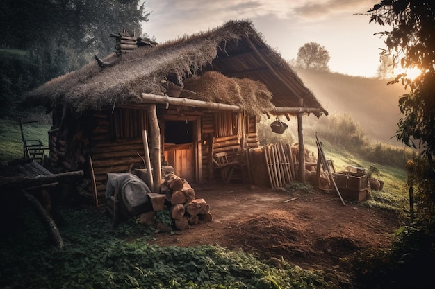 A house in the mountains with a thatched roof