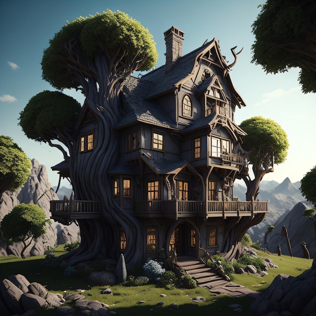 A house in the mountains with a tree on the roof