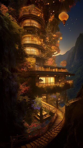 A house in the mountains with a tree on the top