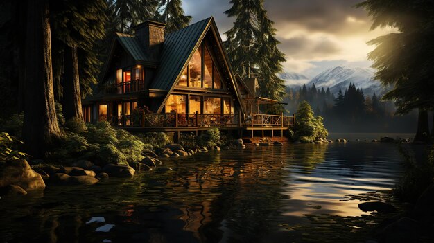 湖の近くの家 大気の穏やかな平和な自然の中にある木造住宅 生成ai