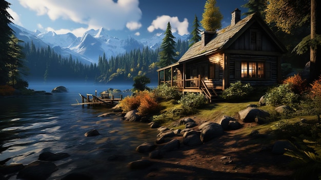 house near a lake atmospheric calm peaceful wooden house in nature generative ai