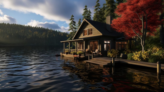 Photo house near a lake atmospheric calm peaceful wooden house in nature generative ai