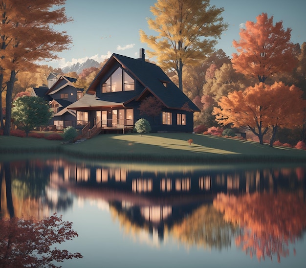 가을 호수 근처의 집