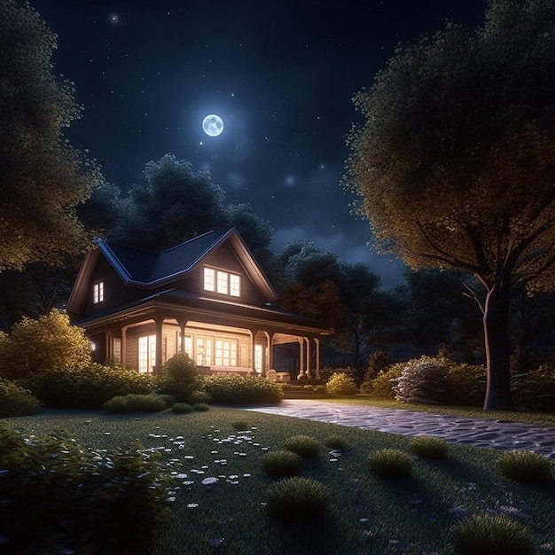 夜の家は一つだけ、月、空、星 生成AI