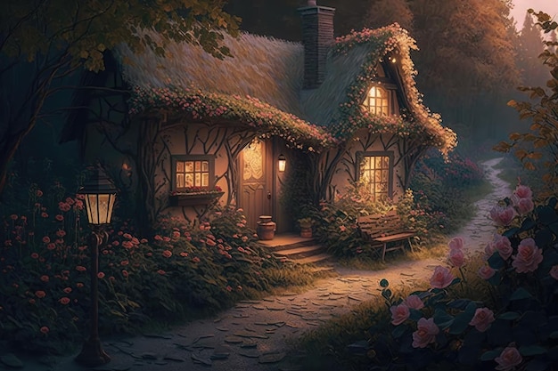 A house in the night with flowers on the roof