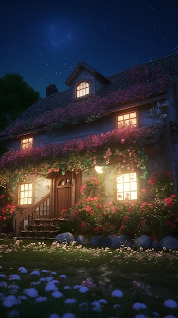 A house in the night with flowers on the windows