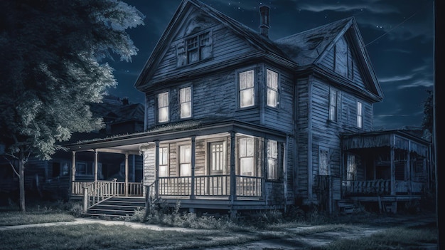 A house in the night with the moon behind it