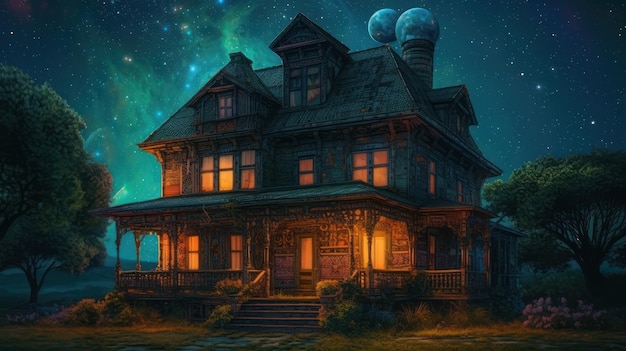 A house in the night with a moon on the roof