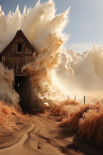 Photo a house in the ocean with a wave crashing over it