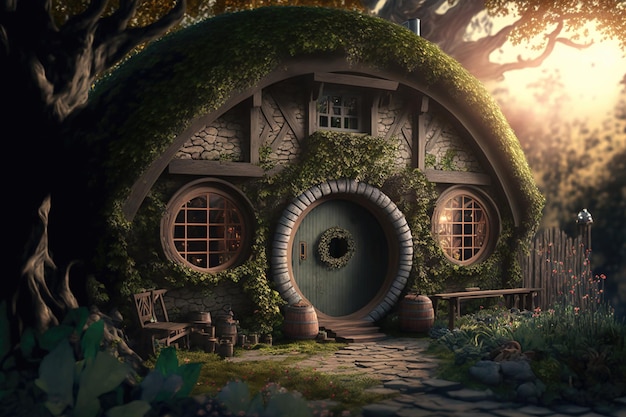 House of the hobbit hole Fantasy Village Shire-huizen met ronde deuren en ramen Het fantastische landschap van de Lord of the Rings bij zonsondergang 3d illustratie