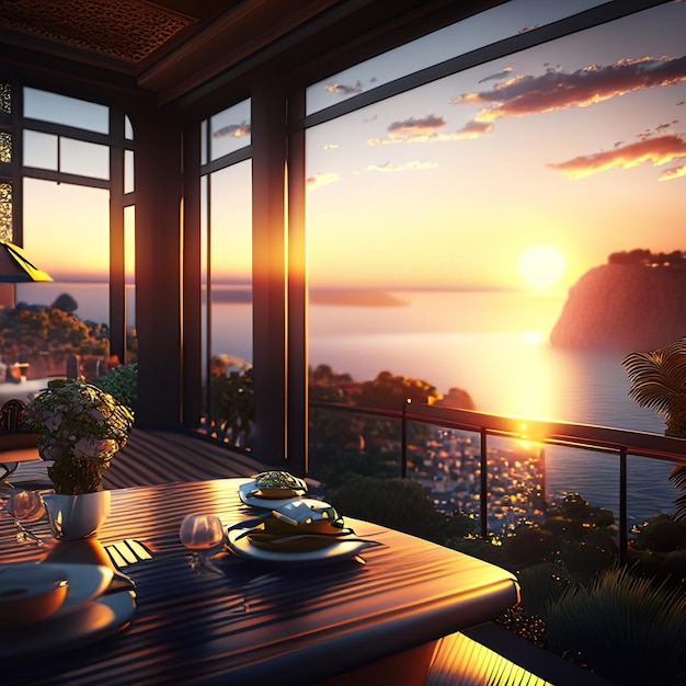 House overlooking the sea with sunset generative ai