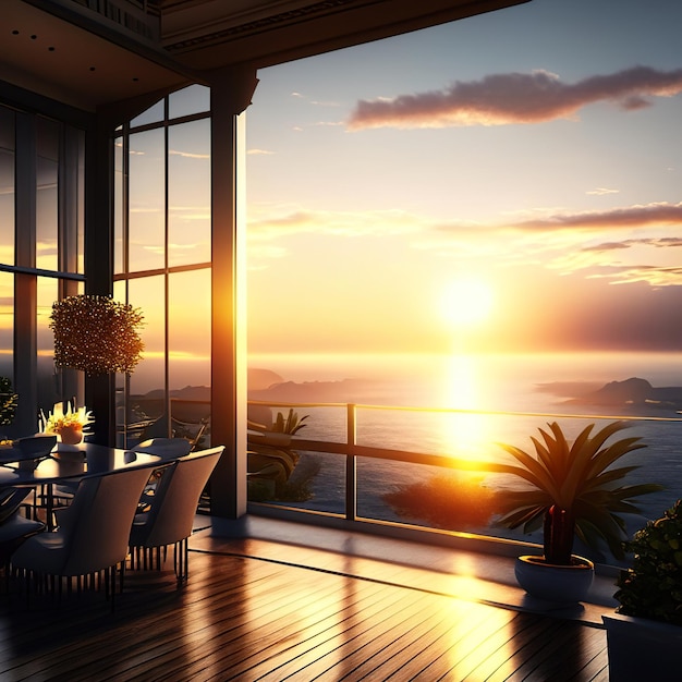 House overlooking the sea with sunset Generative AI