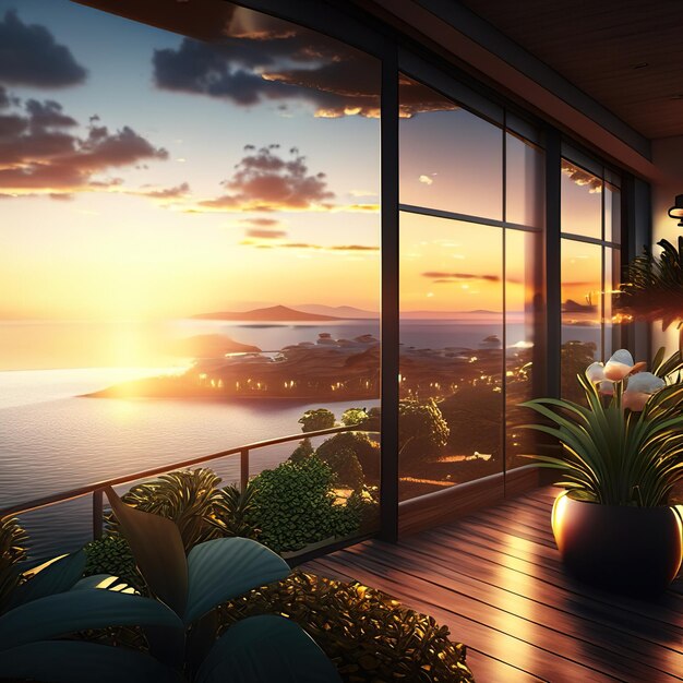 House overlooking the sea with sunset generative ai