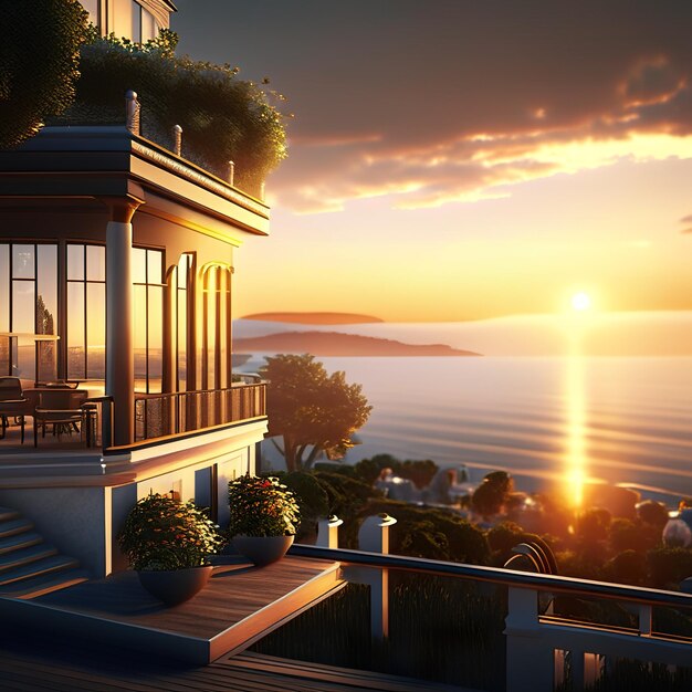 House overlooking the sea with sunset generative ai