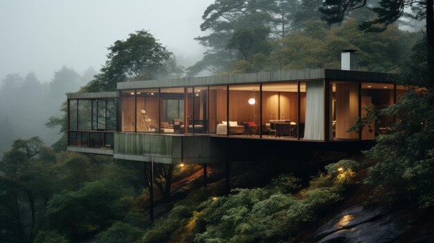 House Perched on Cliff in Dense Forest