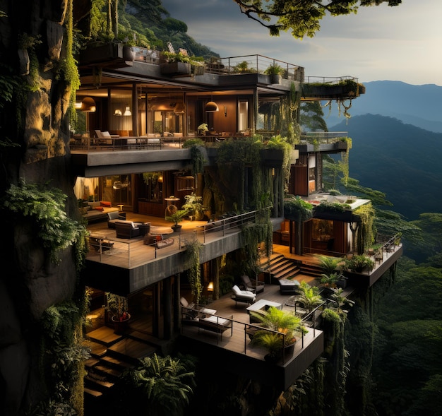A house perched on a lush cliff embraced by vibrant greenery A house on a cliff surrounded by greenery