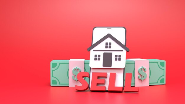 House and phone icon Stack of dollars Real estate sale concept 3d render