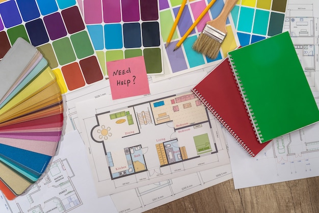 Photo house plan with colour swatches and 'need help' text