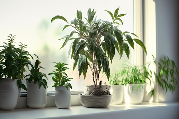 햇빛 그린홈이 있는 창턱에 있는 냄비에 집 식물