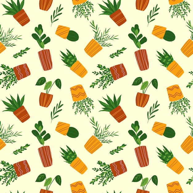 House plants seamless pattern on cream colored background\
potted flowers repeat print