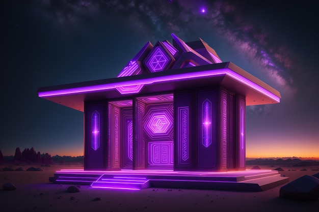 A house in purple lights with a purple door.