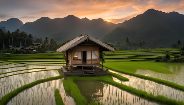 Photo a house in a rice field with mountains in the background