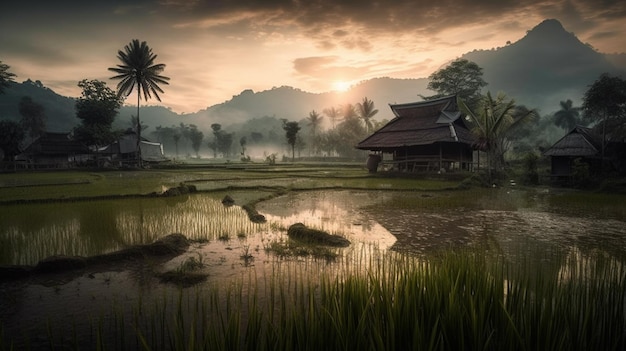 A house in a rice field with a sunset in the background