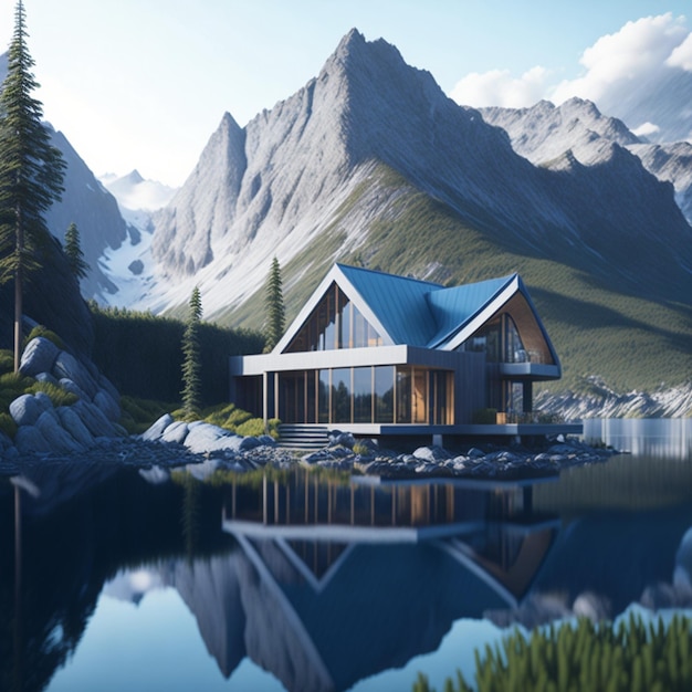 A house on a rock by a lake with mountains in the background.