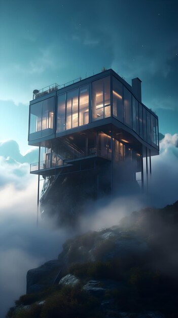 A house on a rock in the clouds