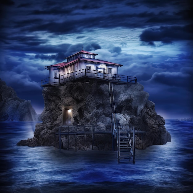 A house on a rock in the ocean