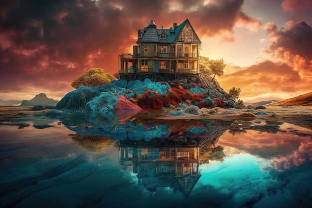 A house on a rock with a cloudy sky in the background