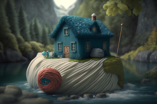 A house on a rock with a roll of yarn