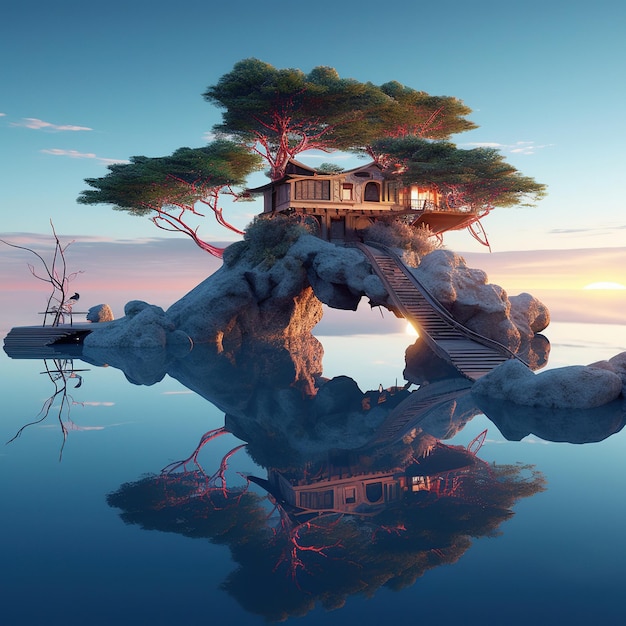 A house on a rock with a tree on it