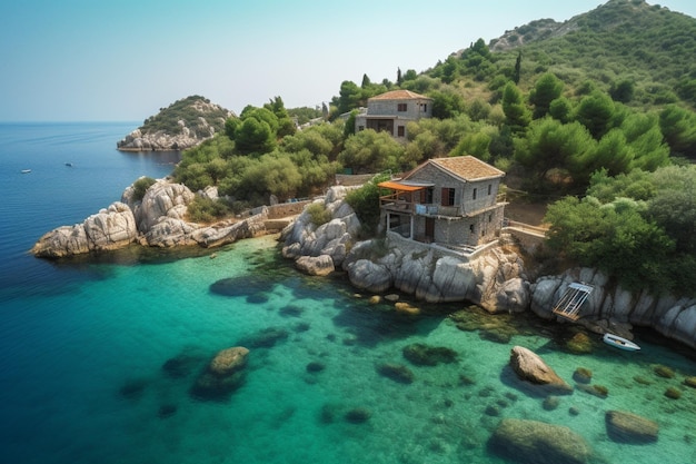 A house on the rocks in the water