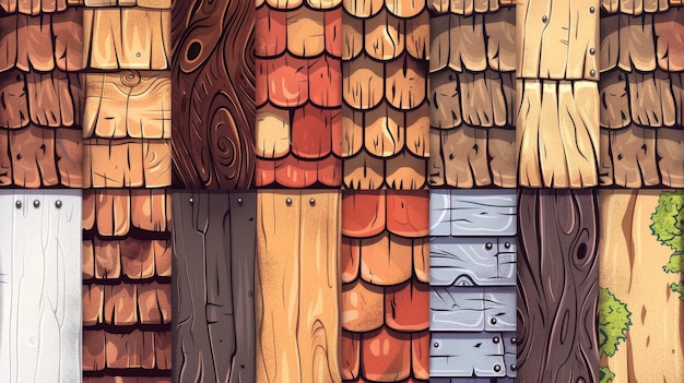 Photo house roofing and natural materials textured brown design elements modern set of wooden textures for games wood roof overlap with nails tree bark and age circles cut cartoon tiles seamless