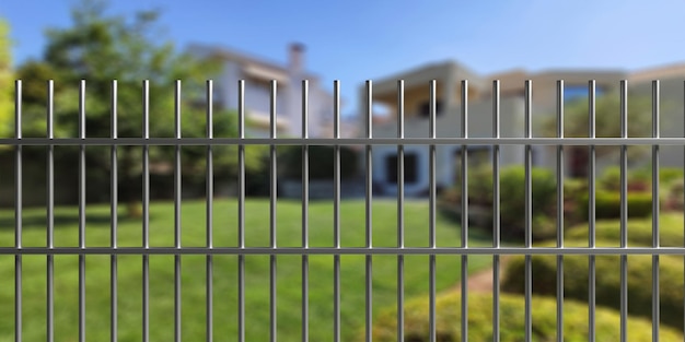 House safety Metal fence with steel bars blur residential building and garden background 3d illustration