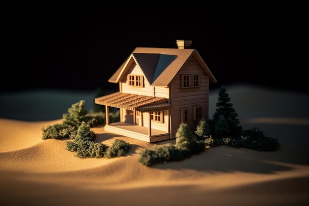 A house on a sand dune with a porch and trees in the background.